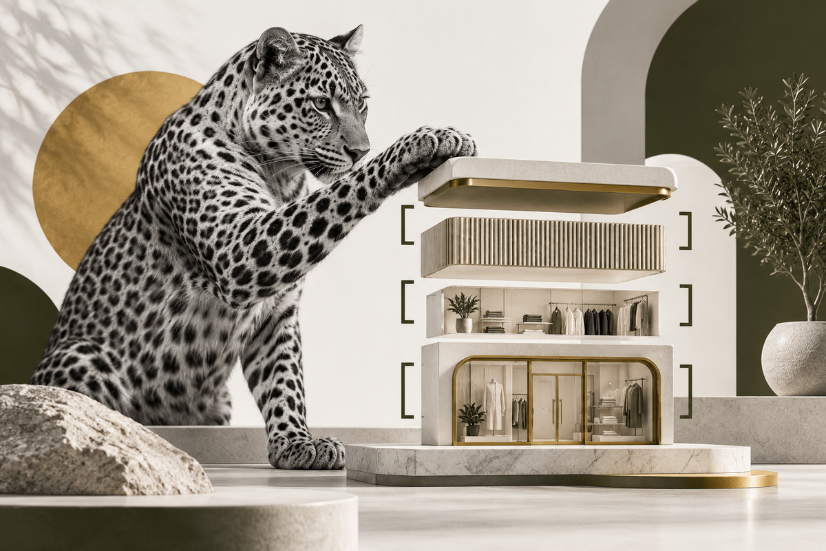 Monochrome leopard beside layered storefront components, illustrating expert Shopify optimization services.
