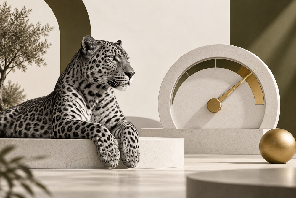 Monochrome leopard beside a performance gauge, illustrating Shopify speed score improvements.