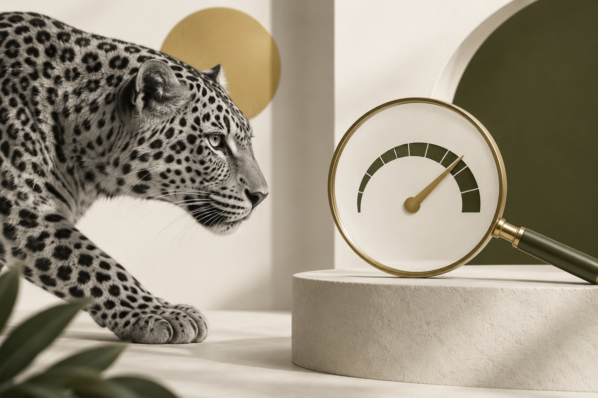 Monochrome leopard beside a magnifying glass and performance gauge, illustrating Shopify speed testing.