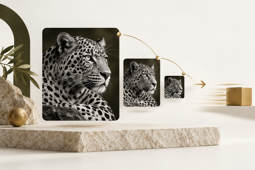 Monochrome leopard beside compact image tiles, illustrating Shopify image compression.