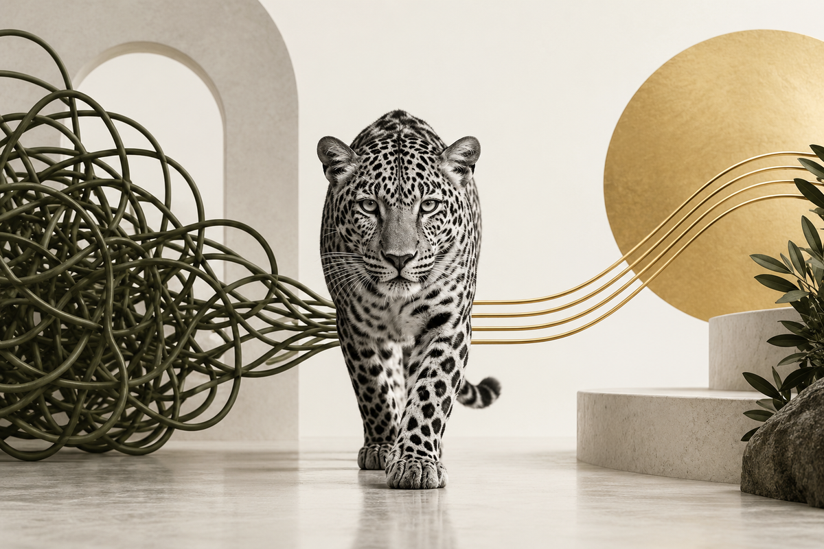 Monochrome leopard beside tangled and orderly paths, illustrating a Shopify optimization case study.