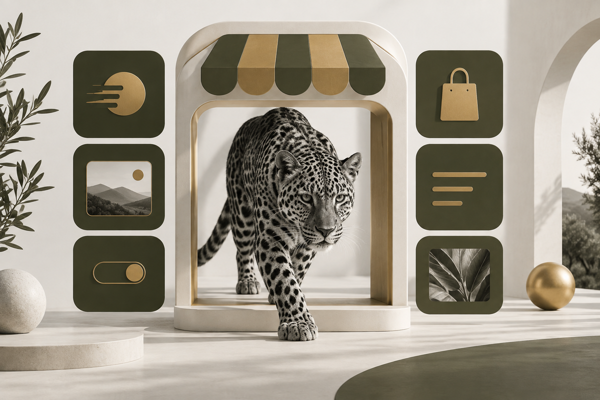 Monochrome leopard beside storefront modules, illustrating a fast Shopify theme.