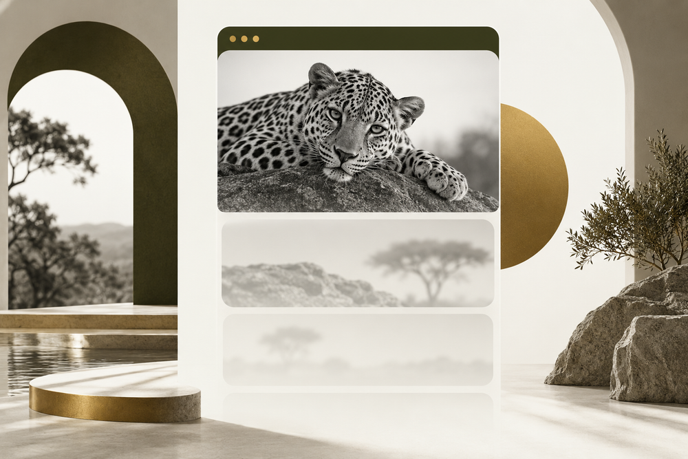 Monochrome leopard beside prioritized content tiles, illustrating Shopify lazy loading.