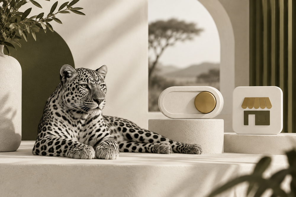 Monochrome leopard beside an activation switch, illustrating a founder’s Shopify speed experience.