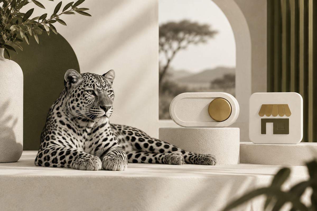 Monochrome leopard beside an activation switch, illustrating a founder’s Shopify speed experience.