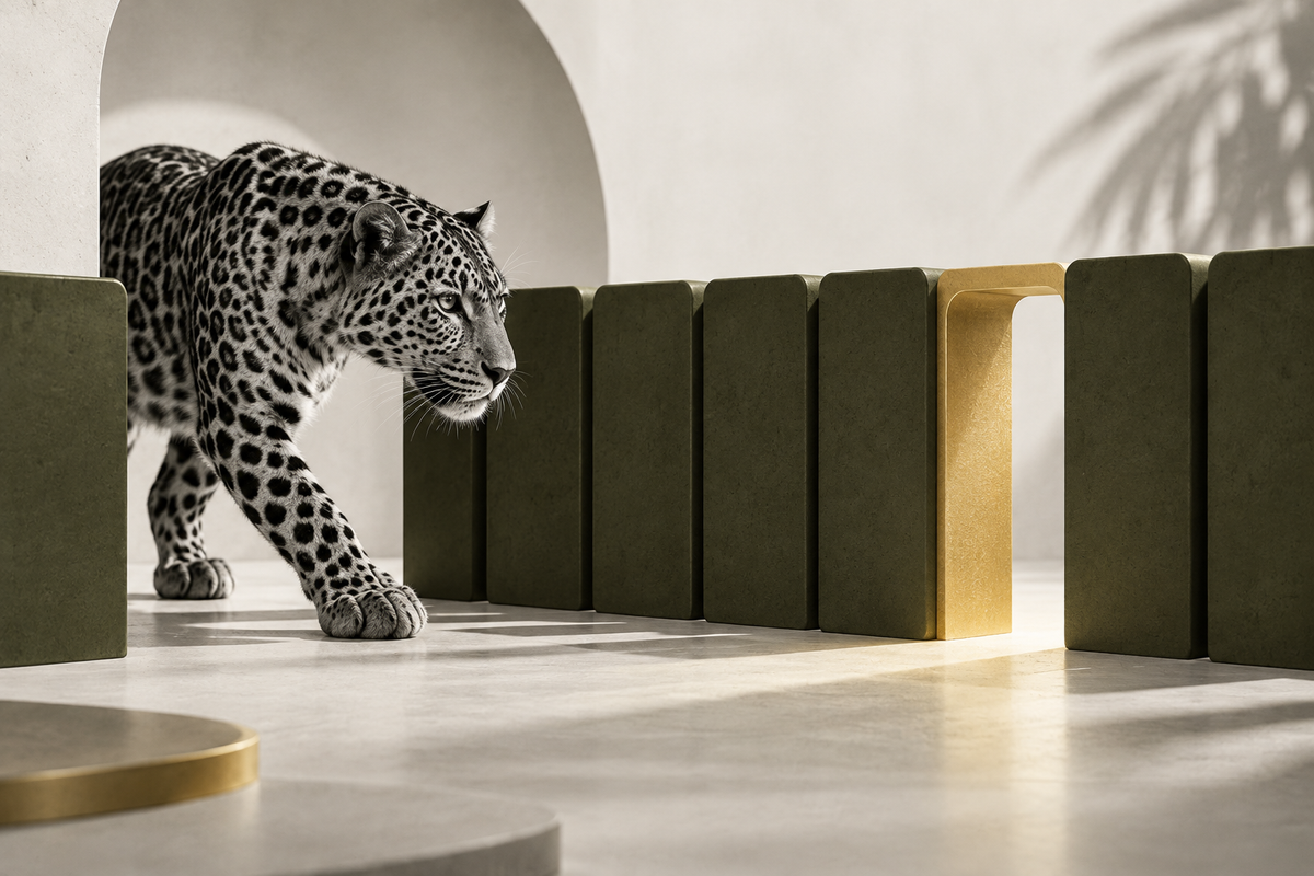 Monochrome leopard beside task bars and a gold opening, illustrating Total Blocking Time.