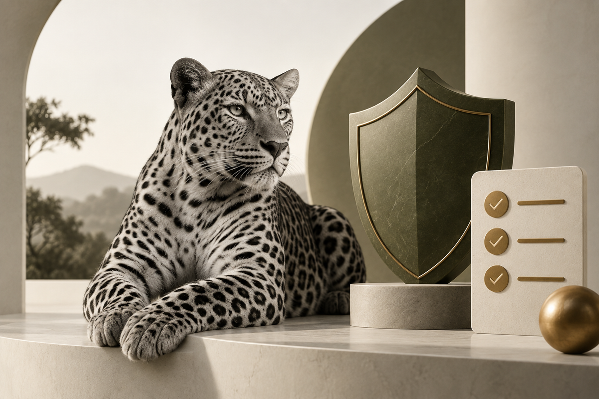 Monochrome leopard beside a shield and checklist, illustrating considerations when choosing Shopify freelancers.