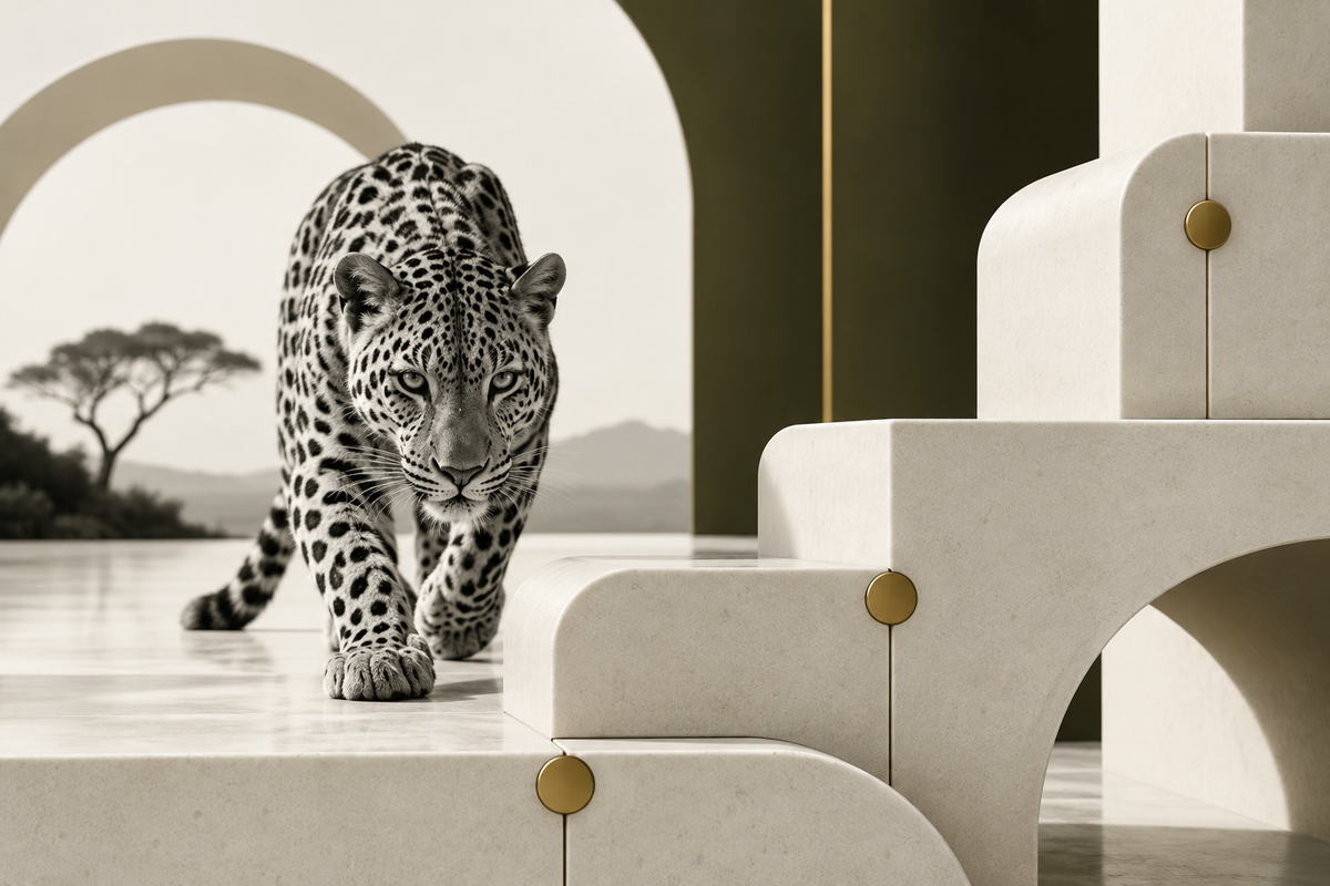Monochrome leopard beside a series of crafted steps, illustrating strategies to speed up a Shopify website.