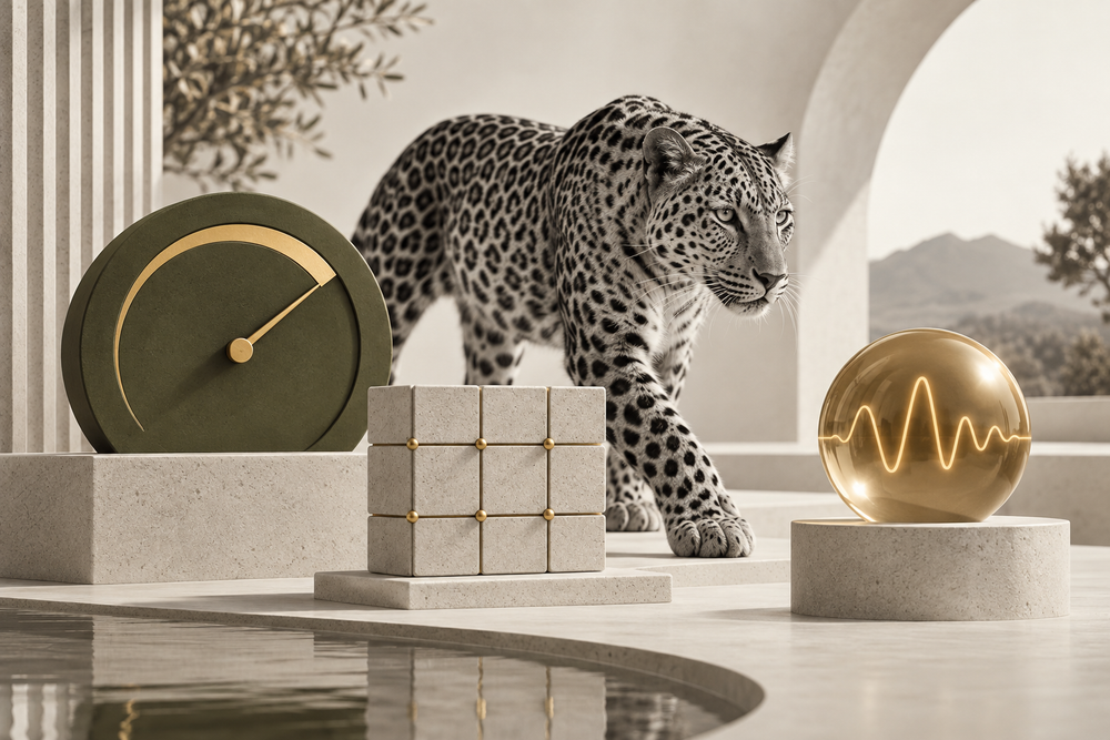 Monochrome leopard beside performance gauges and a pulse line, illustrating Core Web Vitals.