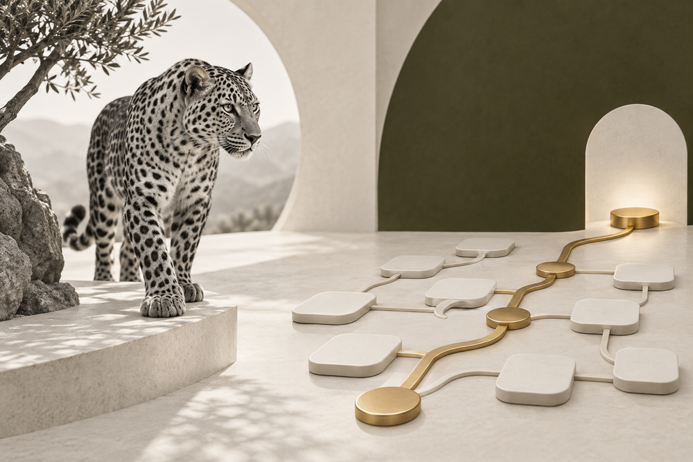 Monochrome leopard beside an orderly network, illustrating Shopify performance optimization.