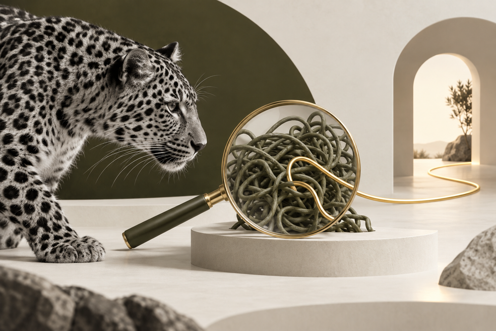 Monochrome leopard beside a lens and tangled path, illustrating diagnosis of a slow Shopify store.