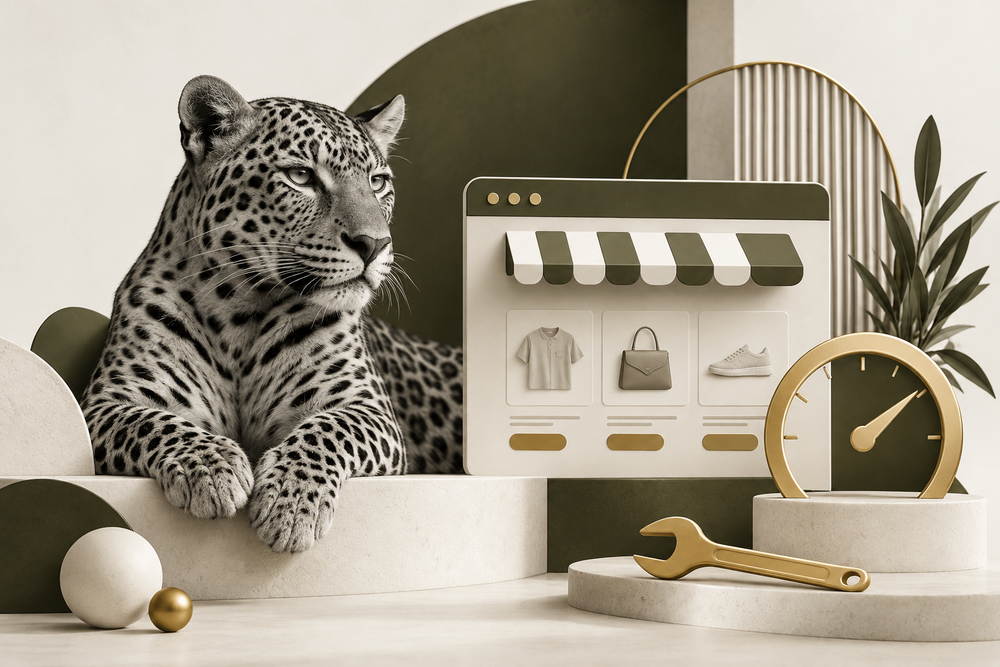 Monochrome leopard beside storefront tools, illustrating expert Shopify page speed services.