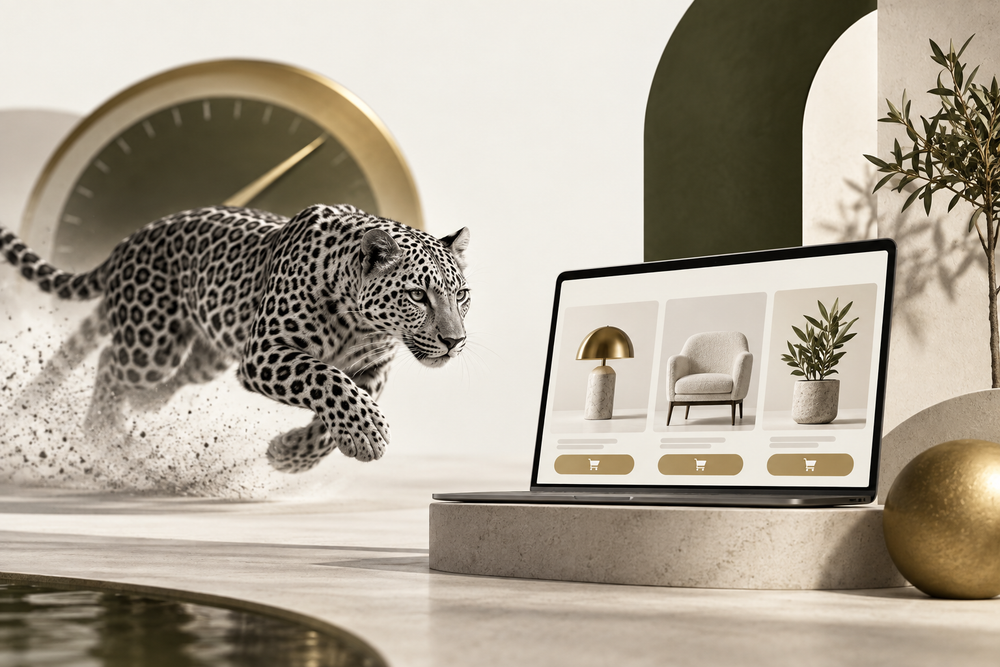Moving monochrome leopard beside a laptop and a performance gauge, illustrating real Shopify loading performance.