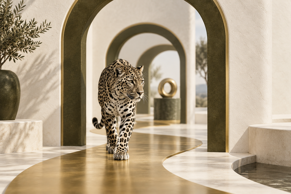 Leopard following a gold path through olive and cream arches, illustrating clear image loading priorities.