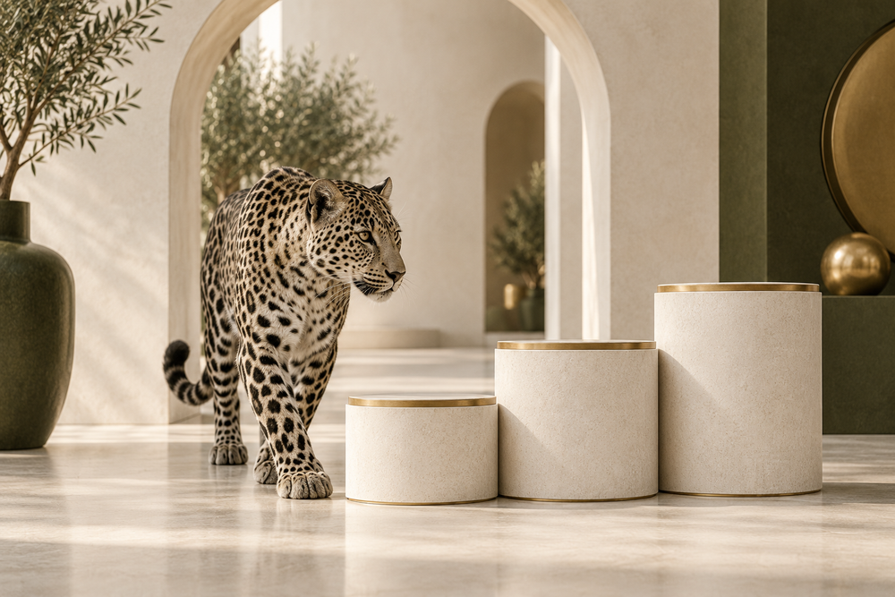 Leopard walking beside three ascending cream plinths with gold edges, representing optimization levels.