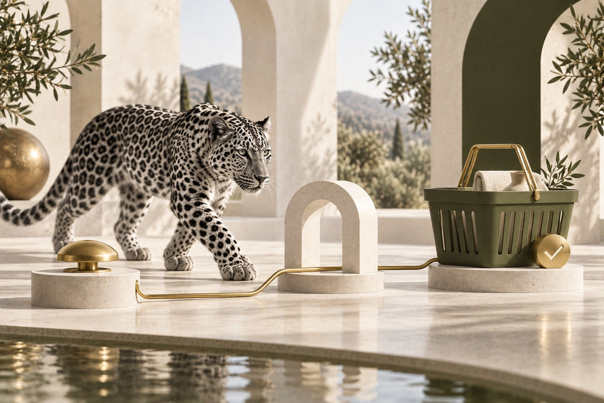 Leopard following a gold path from a button to an olive shopping basket, illustrating the Shopify add-to-cart journey.