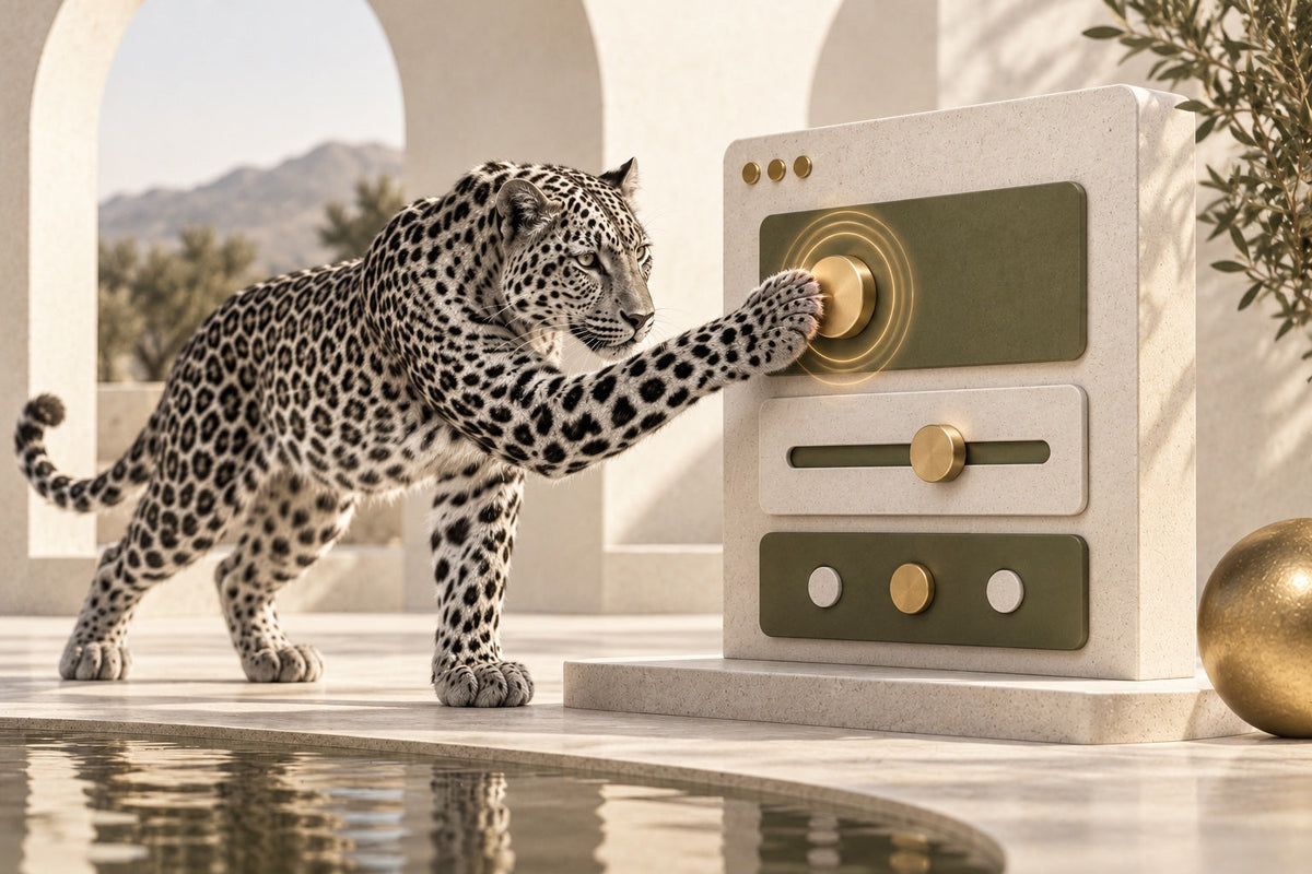 Leopard pressing a gold control on a sculptural browser panel, illustrating responsive Shopify interactions.