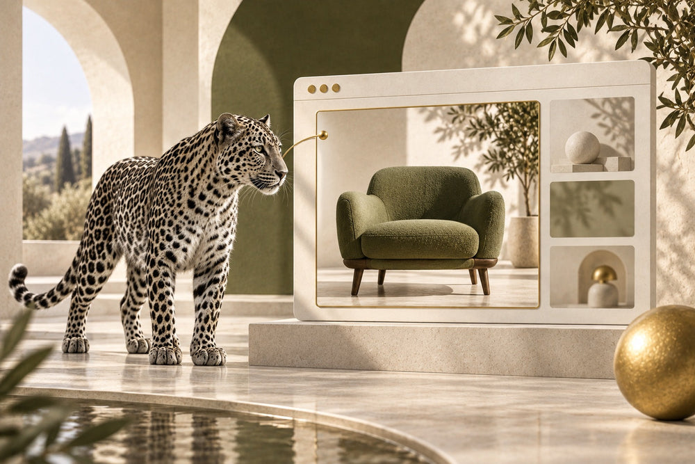 Leopard beside a sculptural browser frame with a prominent product image, illustrating Shopify main-content loading.