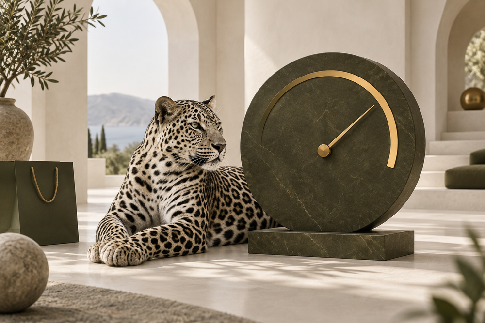 Leopard beside an olive and gold performance gauge in a cream architectural setting.