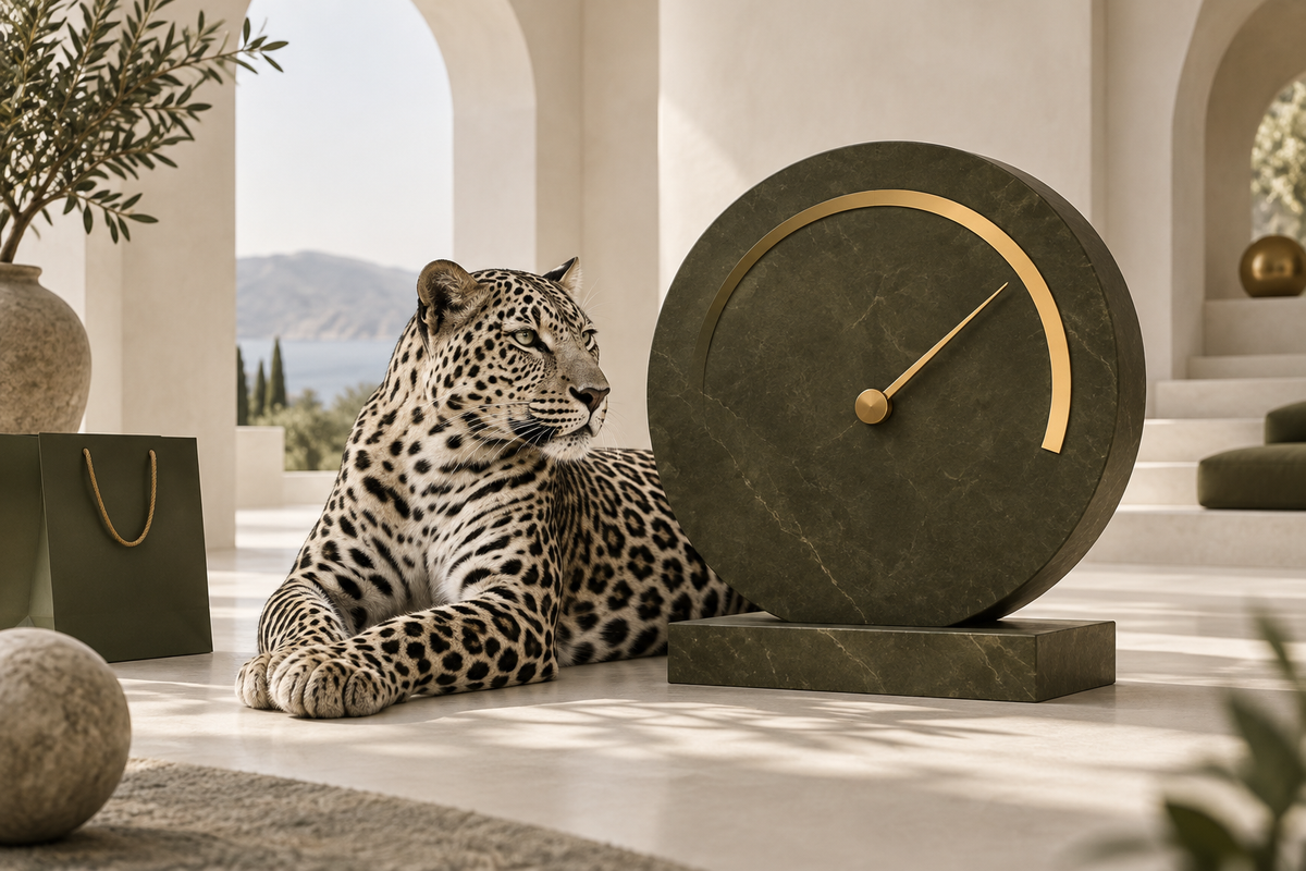 Leopard beside an olive and gold performance gauge in a cream architectural setting.