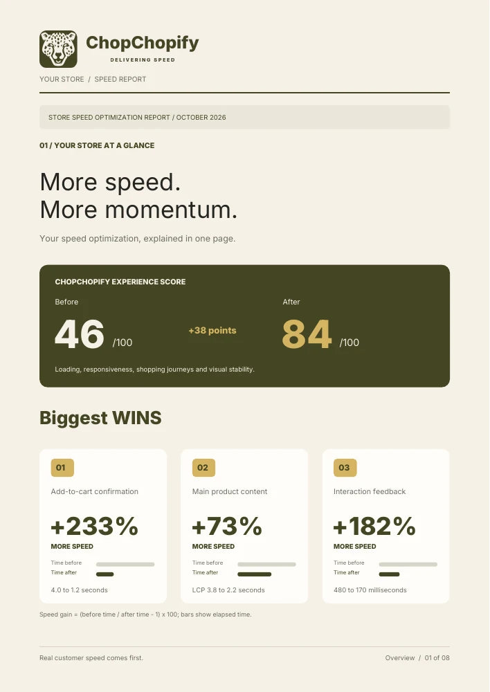 Speed Report overview with before-and-after score and three biggest wins